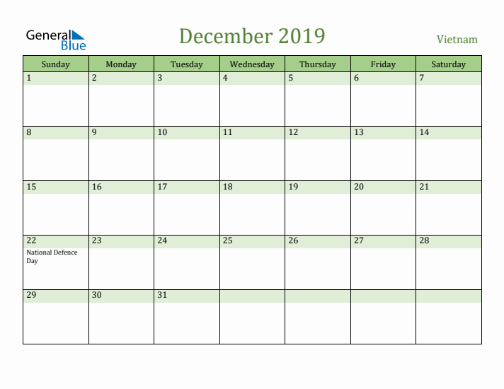 December 2019 Calendar with Vietnam Holidays