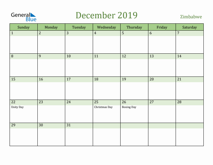 December 2019 Calendar with Zimbabwe Holidays