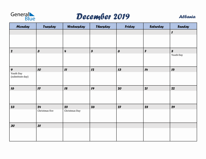 December 2019 Calendar with Holidays in Albania