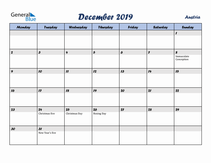 December 2019 Calendar with Holidays in Austria