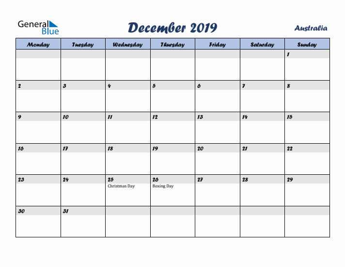 December 2019 Calendar with Holidays in Australia