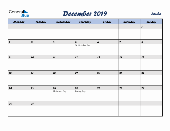 December 2019 Calendar with Holidays in Aruba