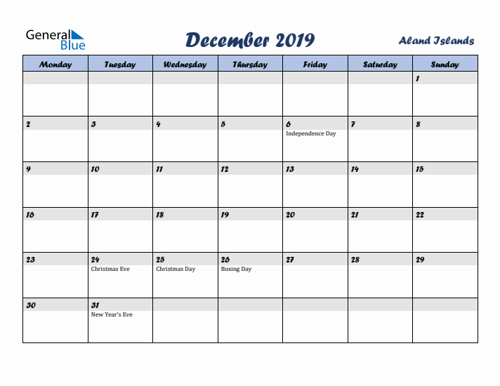 December 2019 Calendar with Holidays in Aland Islands