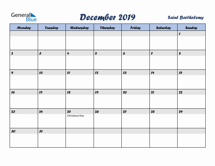 December 2019 Calendar with Holidays in Saint Barthelemy