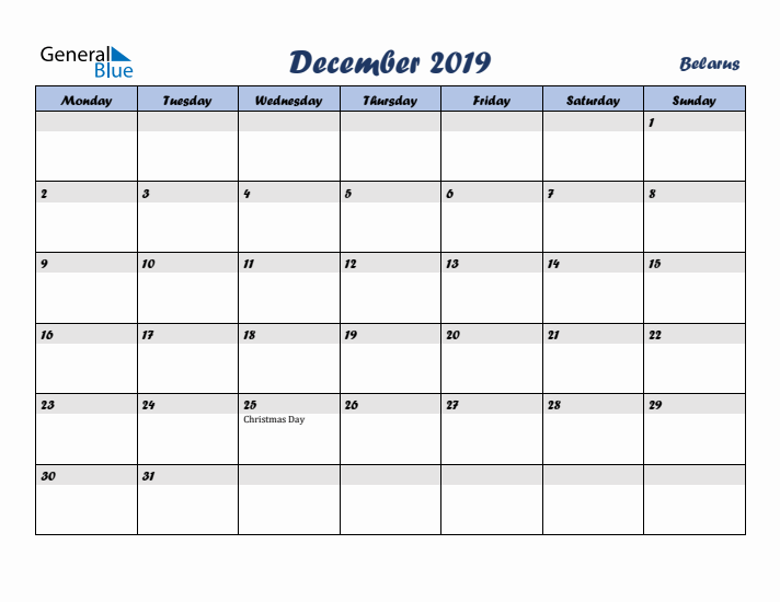 December 2019 Calendar with Holidays in Belarus