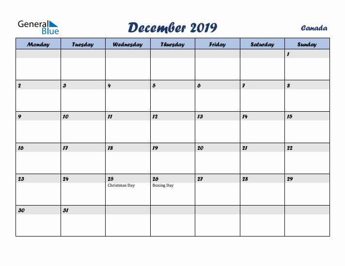 December 2019 Calendar with Holidays in Canada