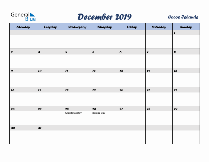 December 2019 Calendar with Holidays in Cocos Islands