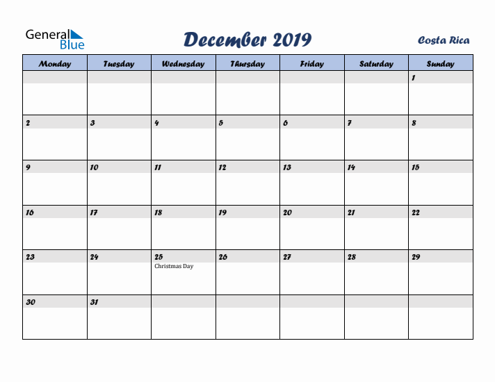 December 2019 Calendar with Holidays in Costa Rica