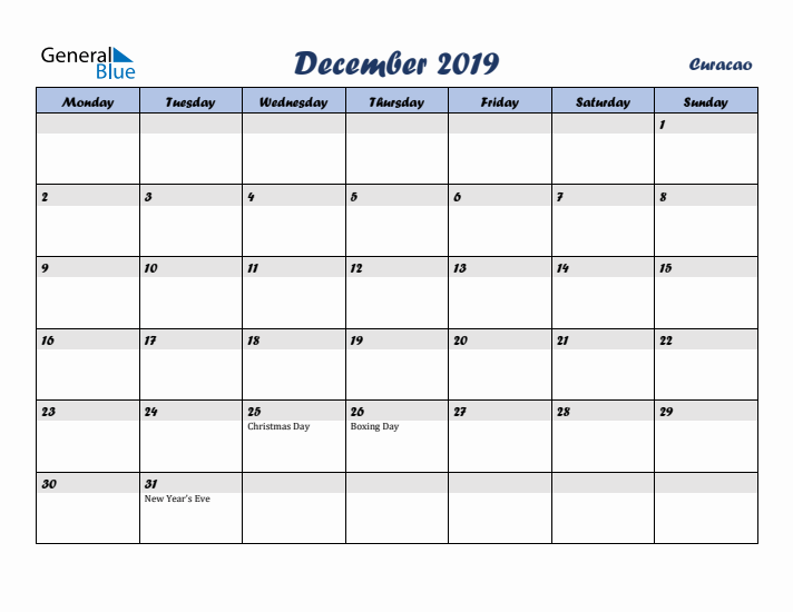 December 2019 Calendar with Holidays in Curacao