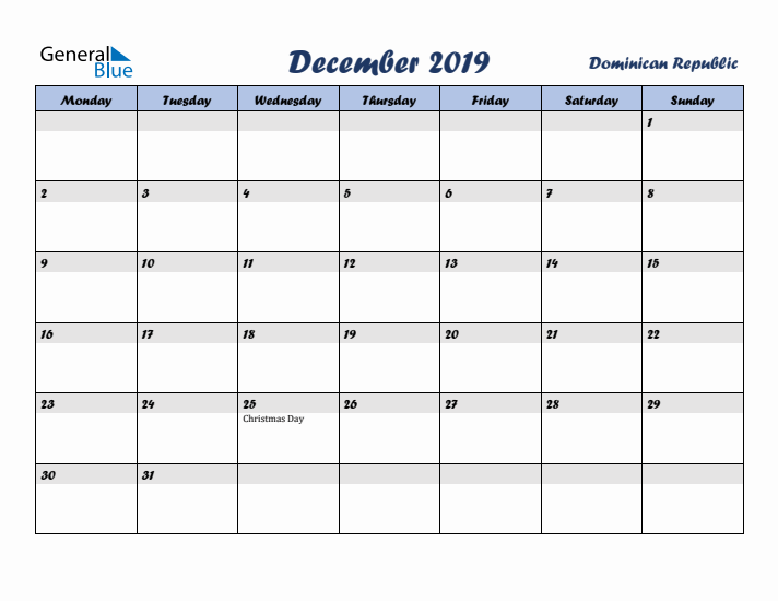 December 2019 Calendar with Holidays in Dominican Republic