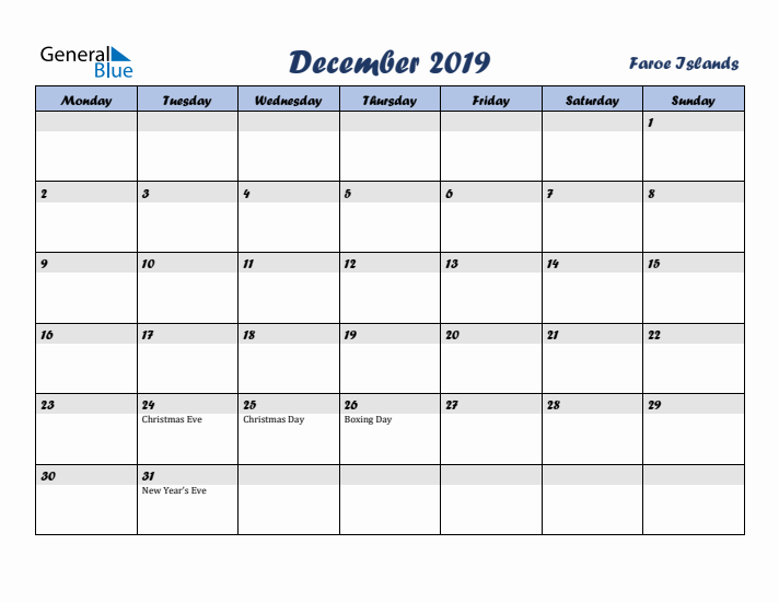 December 2019 Calendar with Holidays in Faroe Islands