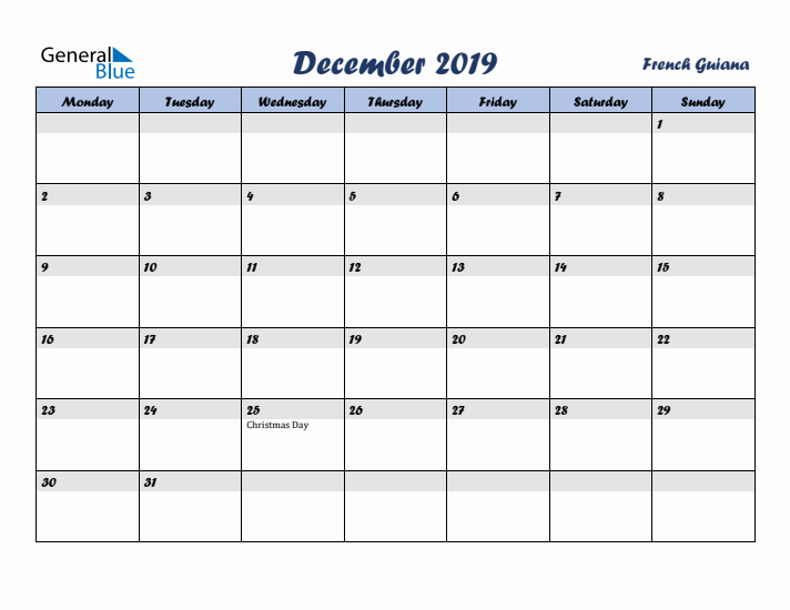 December 2019 Calendar with Holidays in French Guiana