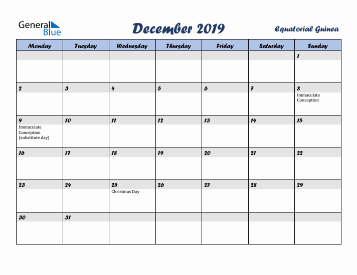 December 2019 Calendar with Holidays in Equatorial Guinea