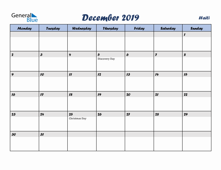 December 2019 Calendar with Holidays in Haiti