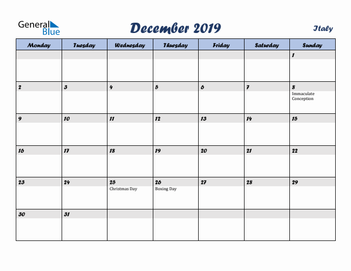 December 2019 Calendar with Holidays in Italy