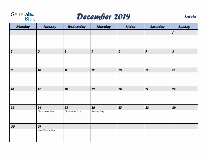 December 2019 Calendar with Holidays in Latvia