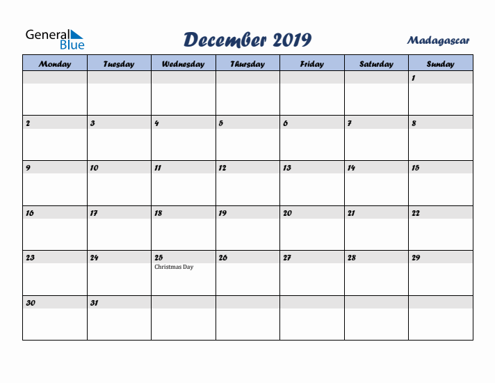 December 2019 Calendar with Holidays in Madagascar