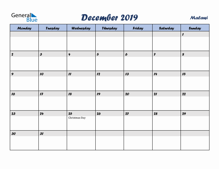 December 2019 Calendar with Holidays in Malawi