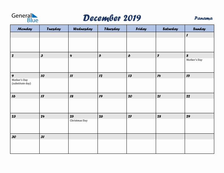 December 2019 Calendar with Holidays in Panama