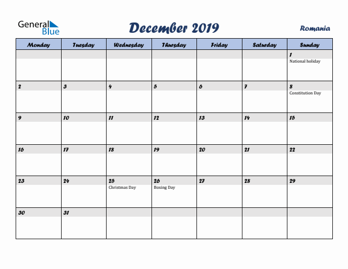 December 2019 Calendar with Holidays in Romania