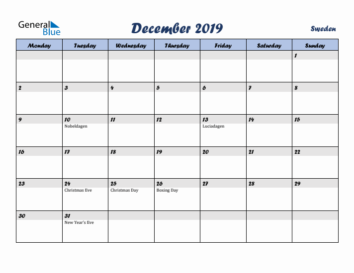 December 2019 Calendar with Holidays in Sweden