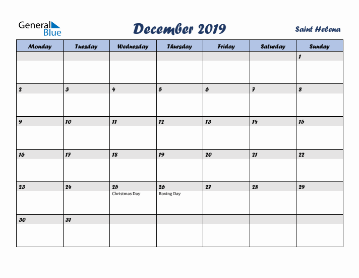 December 2019 Calendar with Holidays in Saint Helena