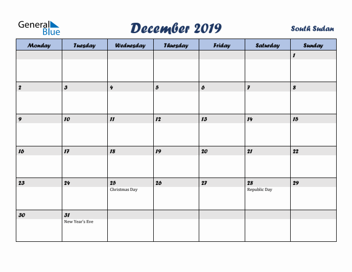 December 2019 Calendar with Holidays in South Sudan