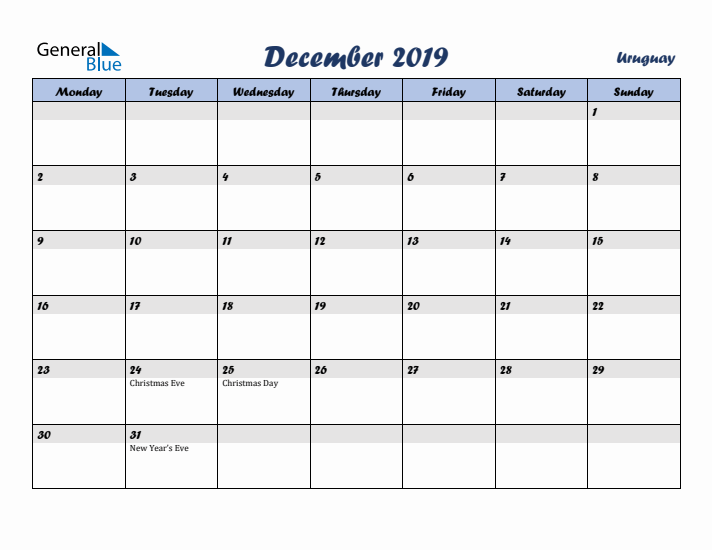 December 2019 Calendar with Holidays in Uruguay