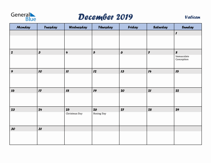 December 2019 Calendar with Holidays in Vatican