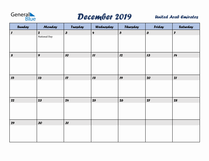 December 2019 Calendar with Holidays in United Arab Emirates