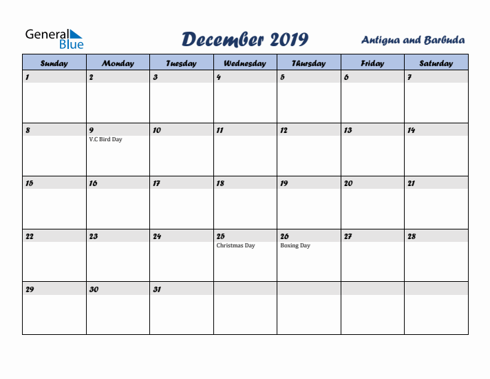 December 2019 Calendar with Holidays in Antigua and Barbuda