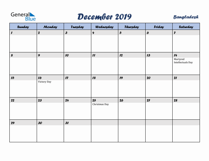 December 2019 Calendar with Holidays in Bangladesh