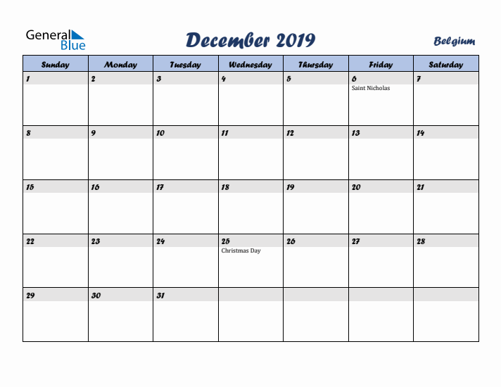 December 2019 Calendar with Holidays in Belgium