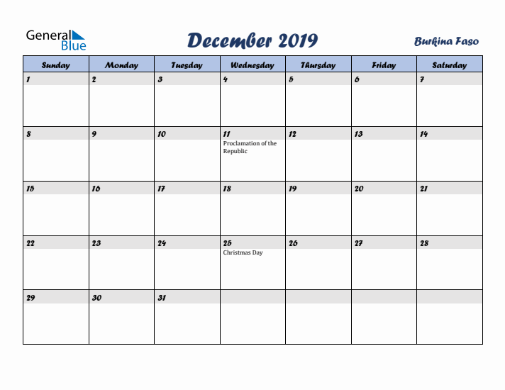 December 2019 Calendar with Holidays in Burkina Faso