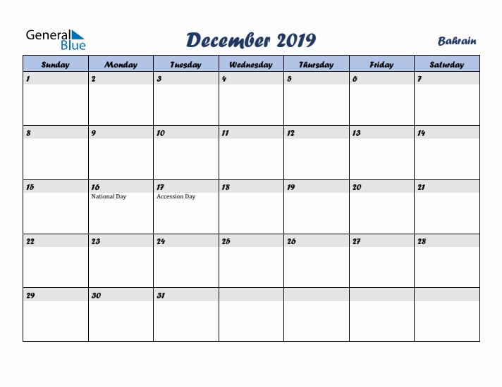 December 2019 Calendar with Holidays in Bahrain