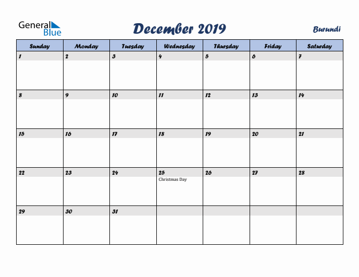 December 2019 Calendar with Holidays in Burundi