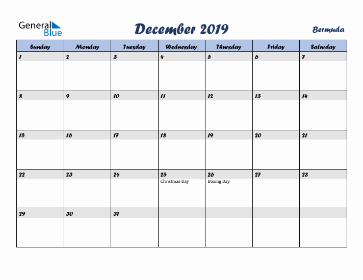 December 2019 Calendar with Holidays in Bermuda