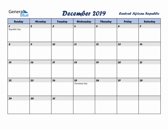 December 2019 Calendar with Holidays in Central African Republic