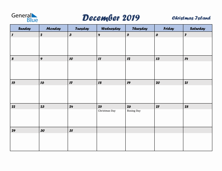 December 2019 Calendar with Holidays in Christmas Island