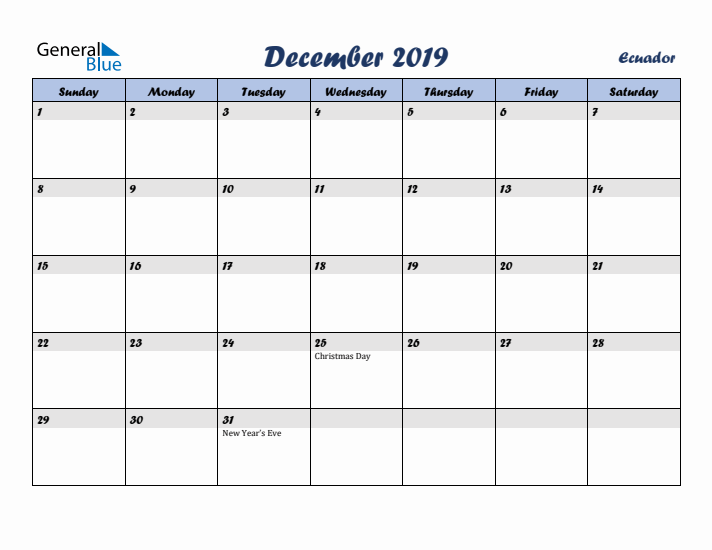 December 2019 Calendar with Holidays in Ecuador