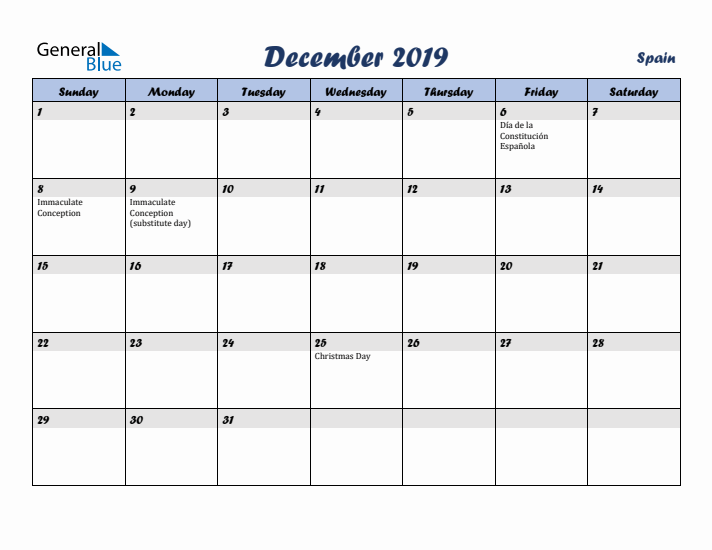 December 2019 Calendar with Holidays in Spain