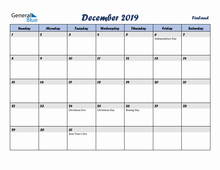 December 2019 Calendar with Holidays in Finland