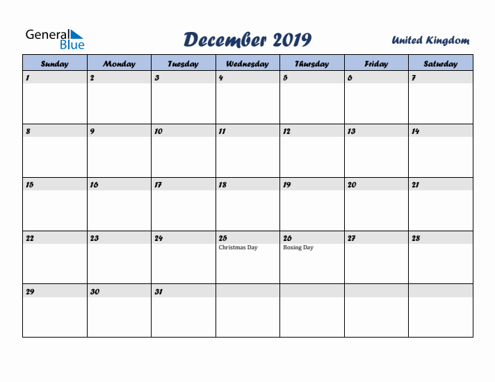 December 2019 Calendar with Holidays in United Kingdom