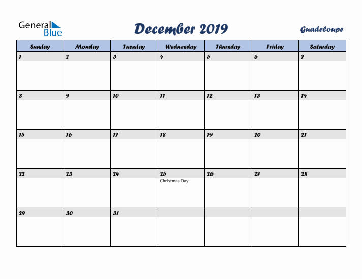 December 2019 Calendar with Holidays in Guadeloupe