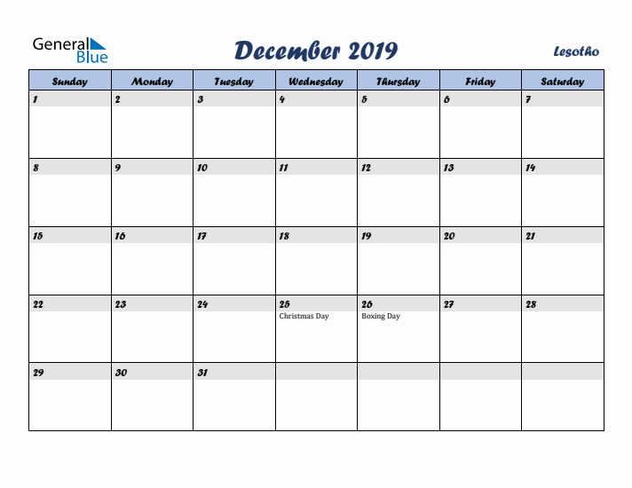 December 2019 Calendar with Holidays in Lesotho