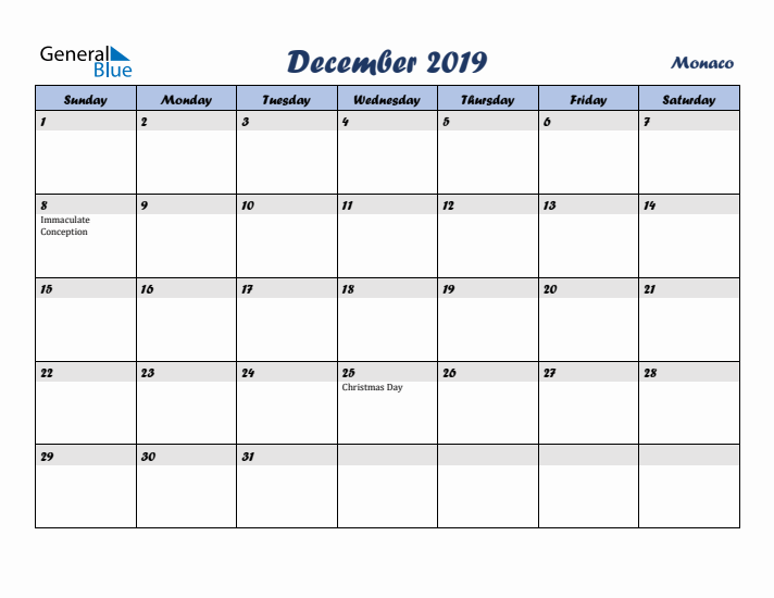 December 2019 Calendar with Holidays in Monaco