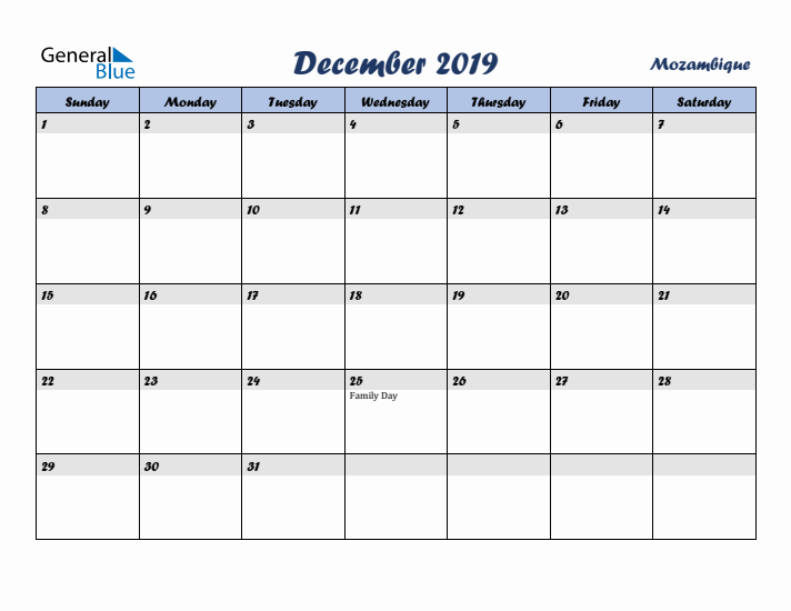 December 2019 Calendar with Holidays in Mozambique