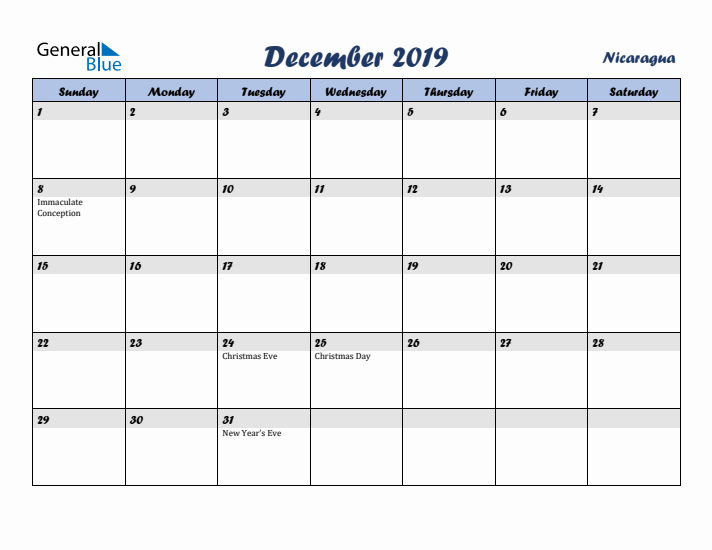 December 2019 Calendar with Holidays in Nicaragua