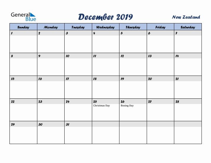 December 2019 Calendar with Holidays in New Zealand