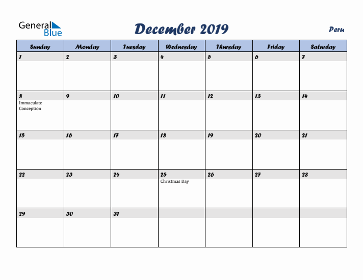 December 2019 Calendar with Holidays in Peru